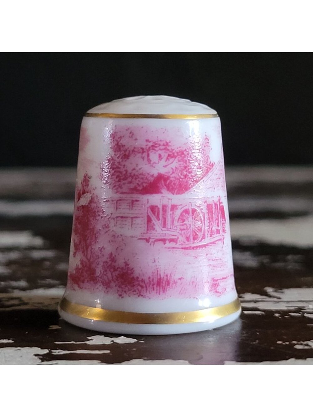 Vtg AK Kaiser Farmhouse Old Mill Scene Thimble Pink Transferware With Gold Trim